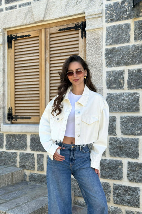 ONE COLOR CROPPED DENIM WOMEN JACKET CREAM/KREM - 1