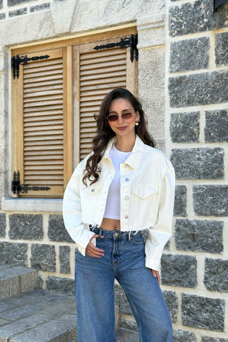 ONE COLOR CROPPED DENIM WOMEN JACKET CREAM/KREM - 1