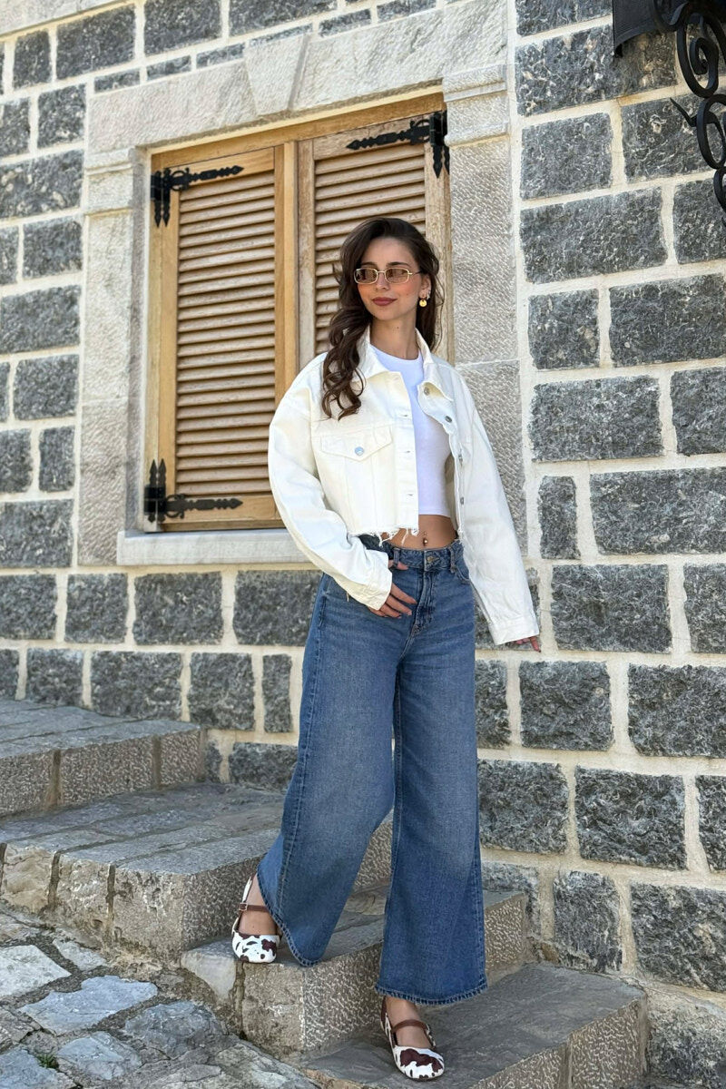 ONE COLOR CROPPED DENIM WOMEN JACKET CREAM/KREM - 2