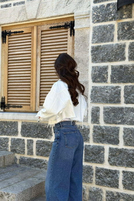 ONE COLOR CROPPED DENIM WOMEN JACKET CREAM/KREM - 3