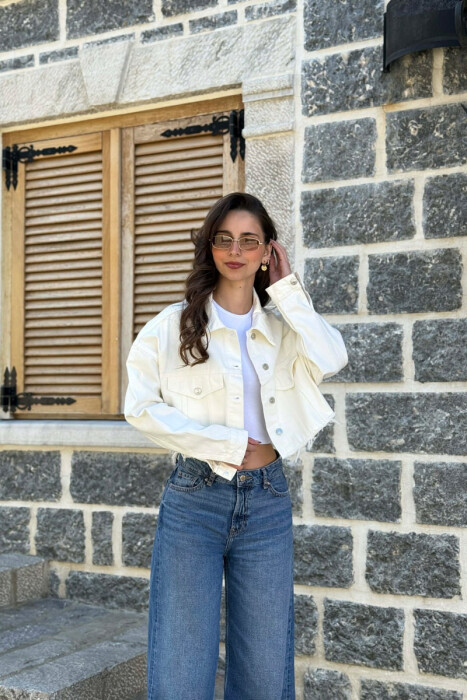 ONE COLOR CROPPED DENIM WOMEN JACKET CREAM/KREM - 4