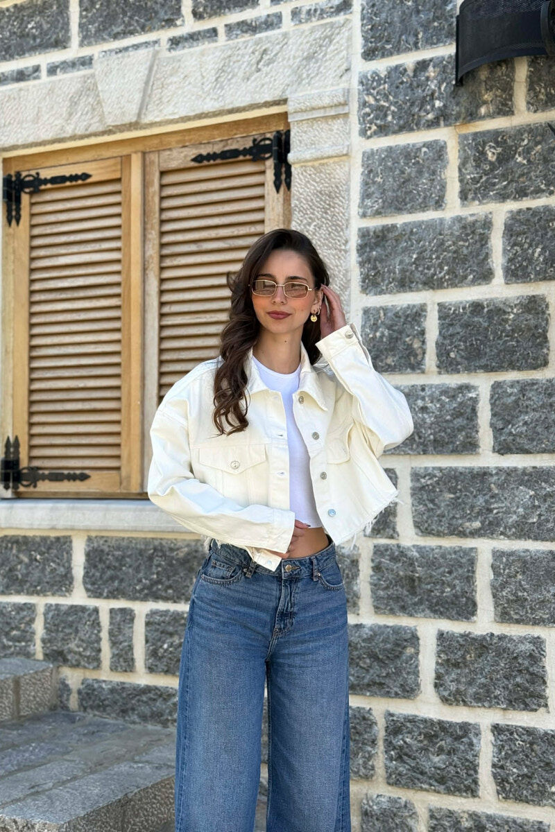 ONE COLOR CROPPED DENIM WOMEN JACKET CREAM/KREM - 4