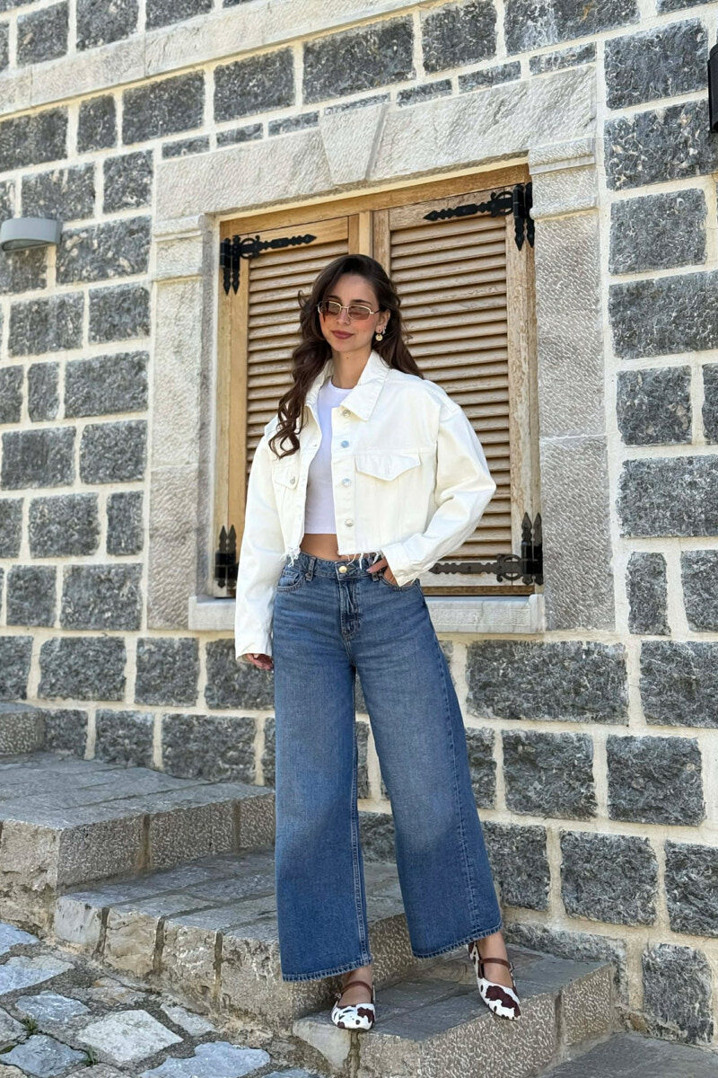 ONE COLOR CROPPED DENIM WOMEN JACKET CREAM/KREM - 6