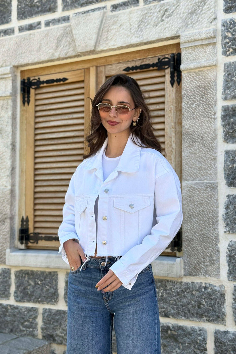 ONE COLOR CROPPED DENIM WOMEN JACKET WHITE-E BARDHE - 3