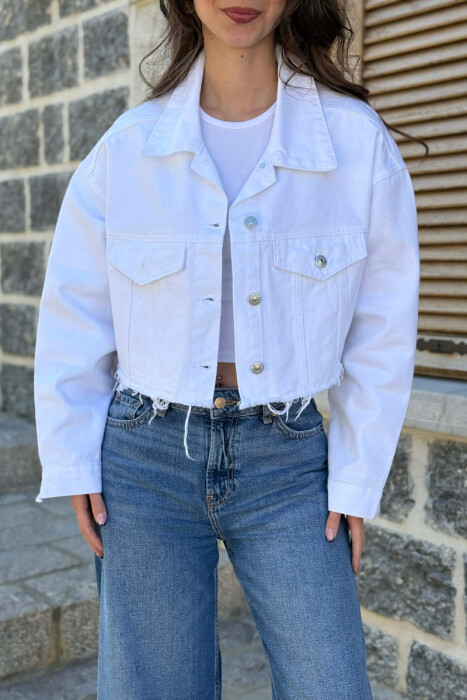 ONE COLOR CROPPED DENIM WOMEN JACKET WHITE-E BARDHE - 5
