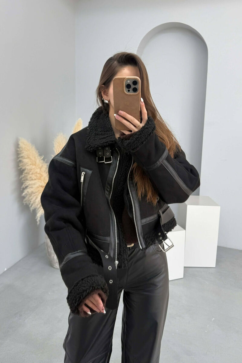 ONE COLOR CROPPED HIGH NECK WOOL WOMAN JACKET BLACK/ E ZEZE - 1