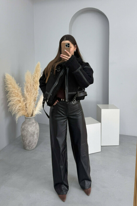 ONE COLOR CROPPED HIGH NECK WOOL WOMAN JACKET BLACK/ E ZEZE - 2