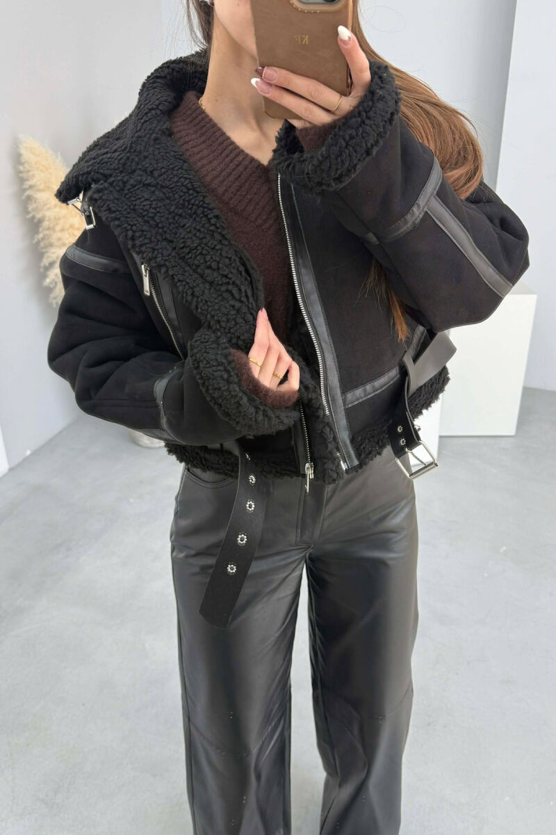 ONE COLOR CROPPED HIGH NECK WOOL WOMAN JACKET BLACK/ E ZEZE - 4