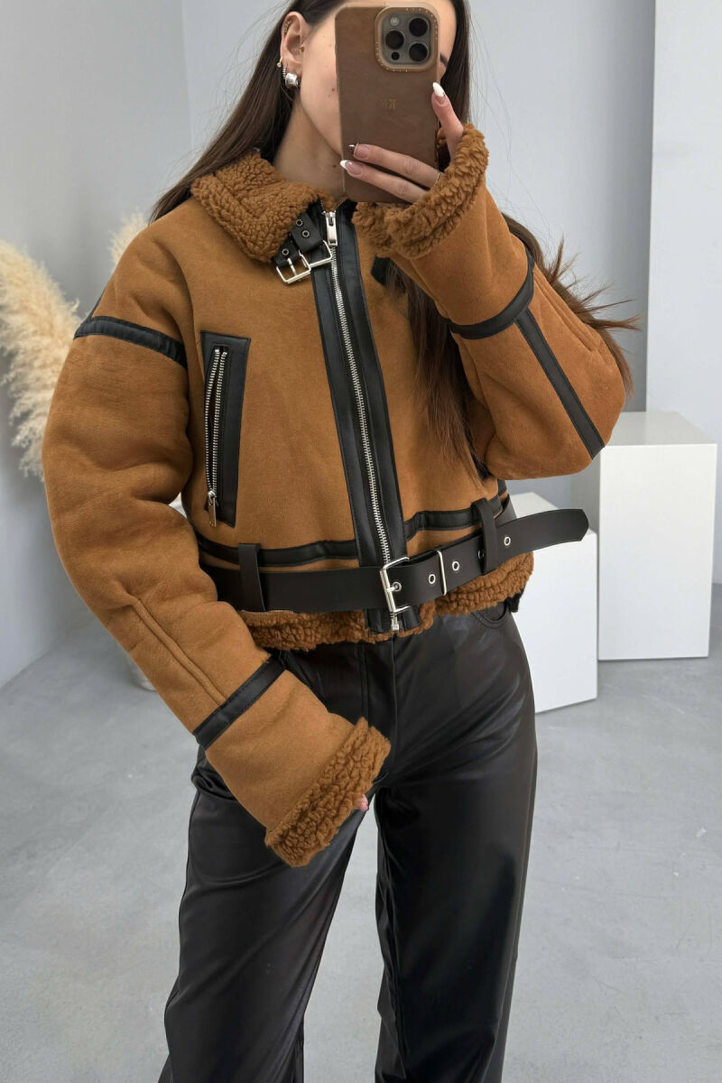 ONE COLOR CROPPED HIGH NECK WOOL WOMAN JACKET BROWN/KAFE - 3