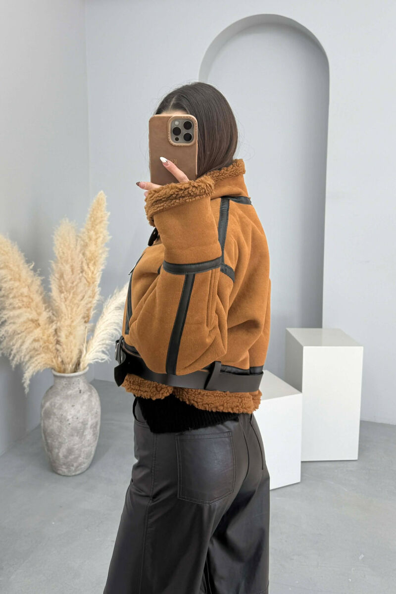 ONE COLOR CROPPED HIGH NECK WOOL WOMAN JACKET BROWN/KAFE - 4