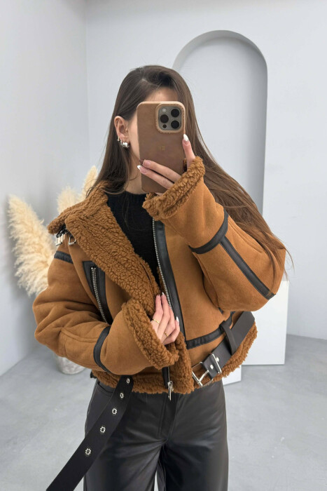 ONE COLOR CROPPED HIGH NECK WOOL WOMAN JACKET BROWN/KAFE - 1