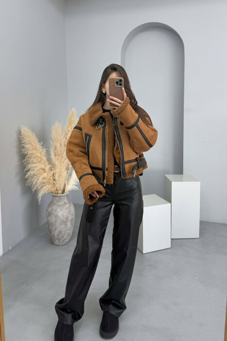 ONE COLOR CROPPED HIGH NECK WOOL WOMAN JACKET BROWN/KAFE - 5