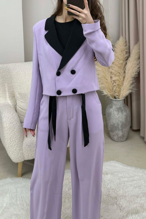 ONE COLOR CROPPED JACKET+ TROUSERS WOMEN SET PURPLE/LEJLA - 2