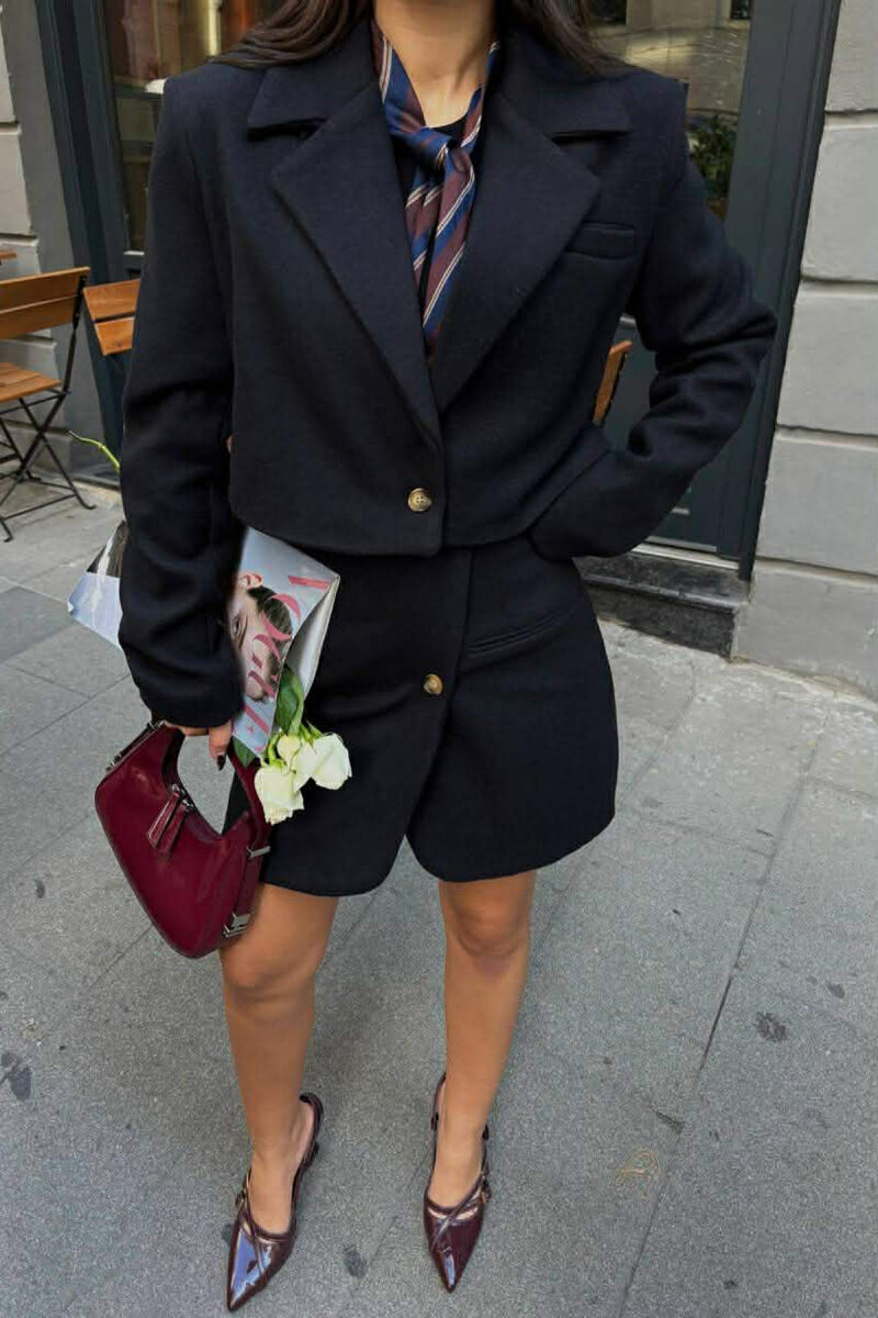 ONE COLOR CROPPED JACKET+SKIRT WOMEN SET BLACK/ E ZEZE - 1