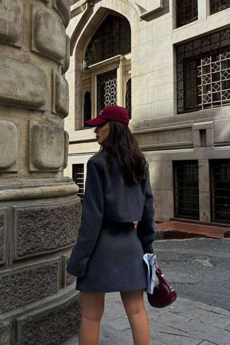 ONE COLOR CROPPED JACKET+SKIRT WOMEN SET DARK GREY/GEE - 3