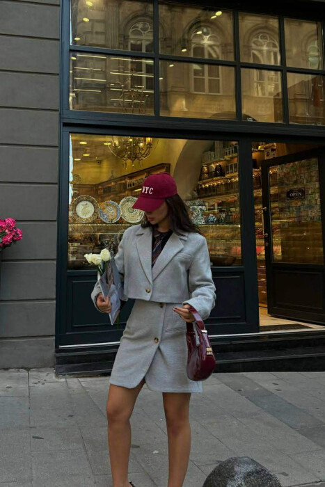 ONE COLOR CROPPED JACKET+SKIRT WOMEN SET LIGHT GREY/GZ 