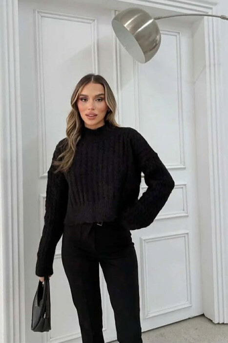 ONE COLOR CROPPED SEMI NECK WOMEN SWEATER BLACK/ E ZEZE - 1