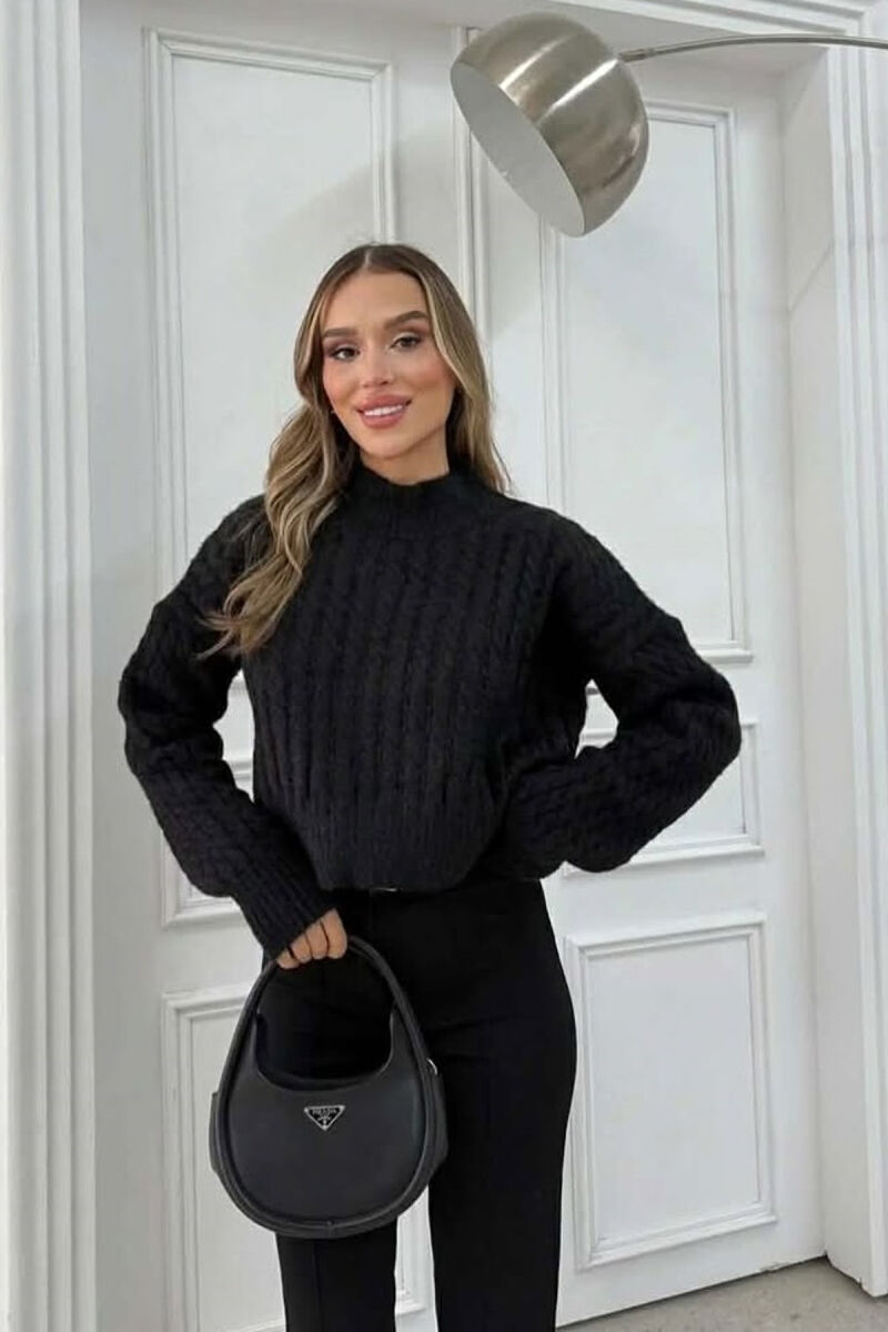 ONE COLOR CROPPED SEMI NECK WOMEN SWEATER BLACK/ E ZEZE - 2