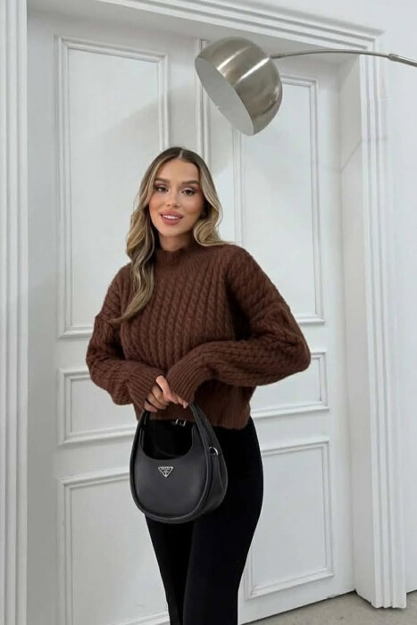 ONE COLOR CROPPED SEMI NECK WOMEN SWEATER BROWN/KAFE - 2