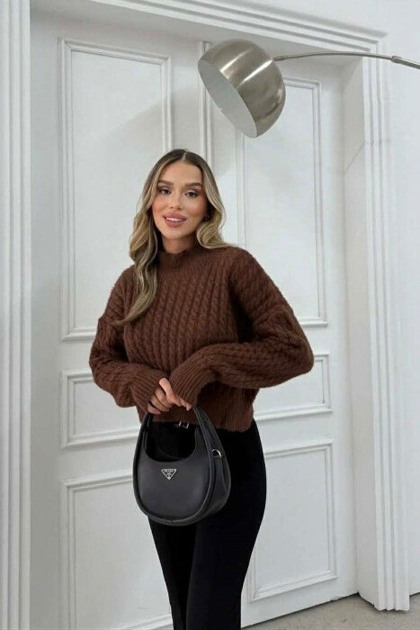 ONE COLOR CROPPED SEMI NECK WOMEN SWEATER BROWN/KAFE - 3