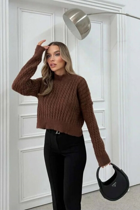 ONE COLOR CROPPED SEMI NECK WOMEN SWEATER BROWN/KAFE - 6