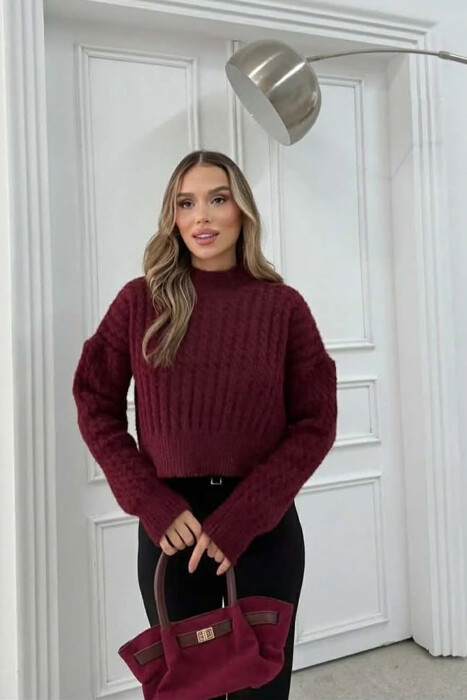 ONE COLOR CROPPED SEMI NECK WOMEN SWEATER BURGUNDY/VISHNJE 