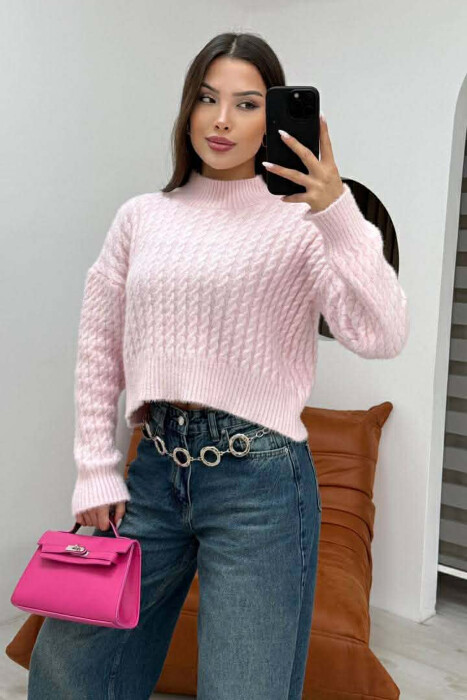 ONE COLOR CROPPED SEMI NECK WOMEN SWEATER PINK/ROZE 