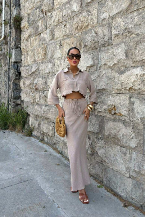 ONE COLOR CROPPED SHIRT+SKIRT WOMEN SET LIGHT BROWN/KAZB - 1