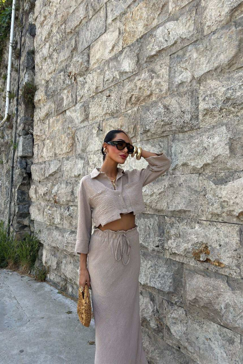 ONE COLOR CROPPED SHIRT+SKIRT WOMEN SET LIGHT BROWN/KAZB - 2