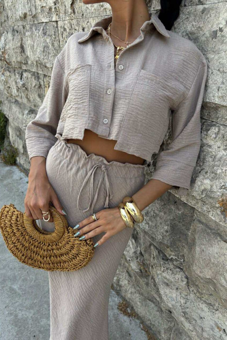 ONE COLOR CROPPED SHIRT+SKIRT WOMEN SET LIGHT BROWN/KAZB - 3