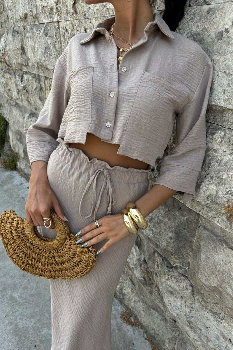 ONE COLOR CROPPED SHIRT+SKIRT WOMEN SET LIGHT BROWN/KAZB - 3
