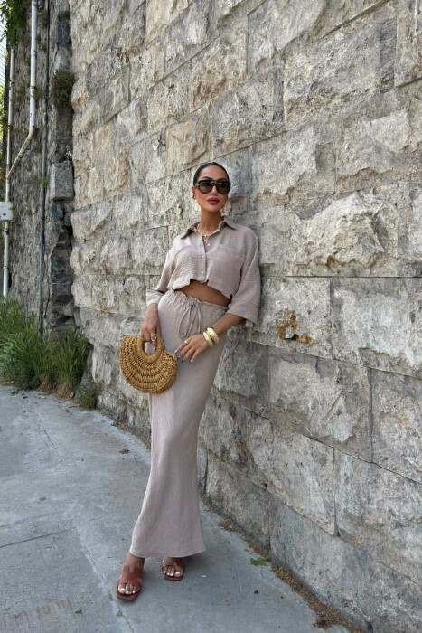 ONE COLOR CROPPED SHIRT+SKIRT WOMEN SET LIGHT BROWN/KAZB - 5