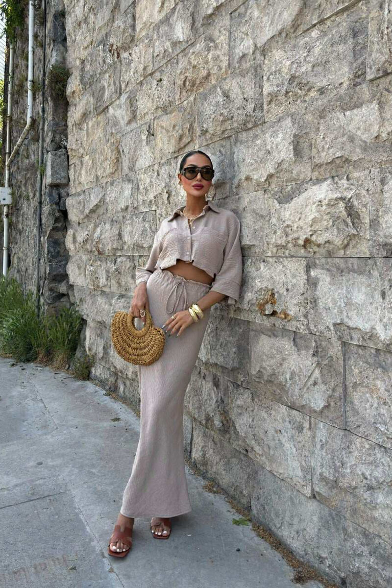 ONE COLOR CROPPED SHIRT+SKIRT WOMEN SET LIGHT BROWN/KAZB - 5