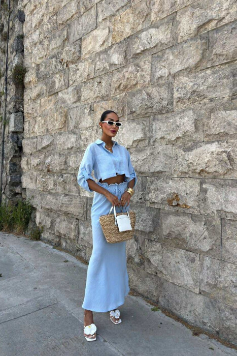 ONE COLOR CROPPED SHIRT+SKIRT WOMEN SET LIGHTBLUE/BZ 