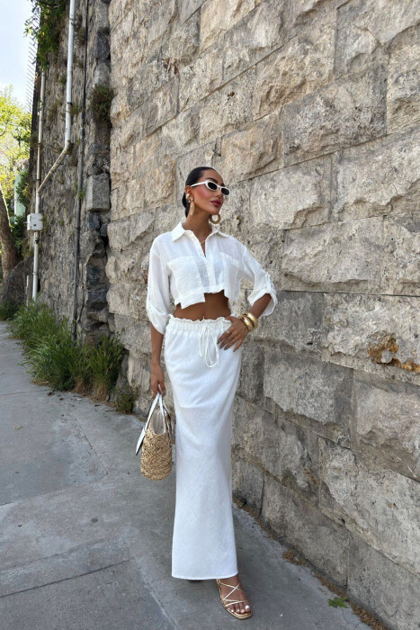 ONE COLOR CROPPED SHIRT+SKIRT WOMEN SET WHITE-E BARDHE 