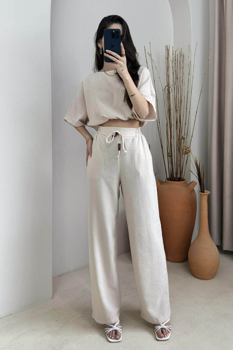 ONE COLOR CROPPED T-SHIRT+TROUSERS WOMEN SET BEIGE/BEZHE - 1