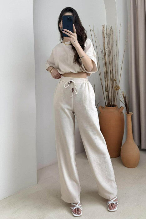 ONE COLOR CROPPED T-SHIRT+TROUSERS WOMEN SET BEIGE/BEZHE - 2