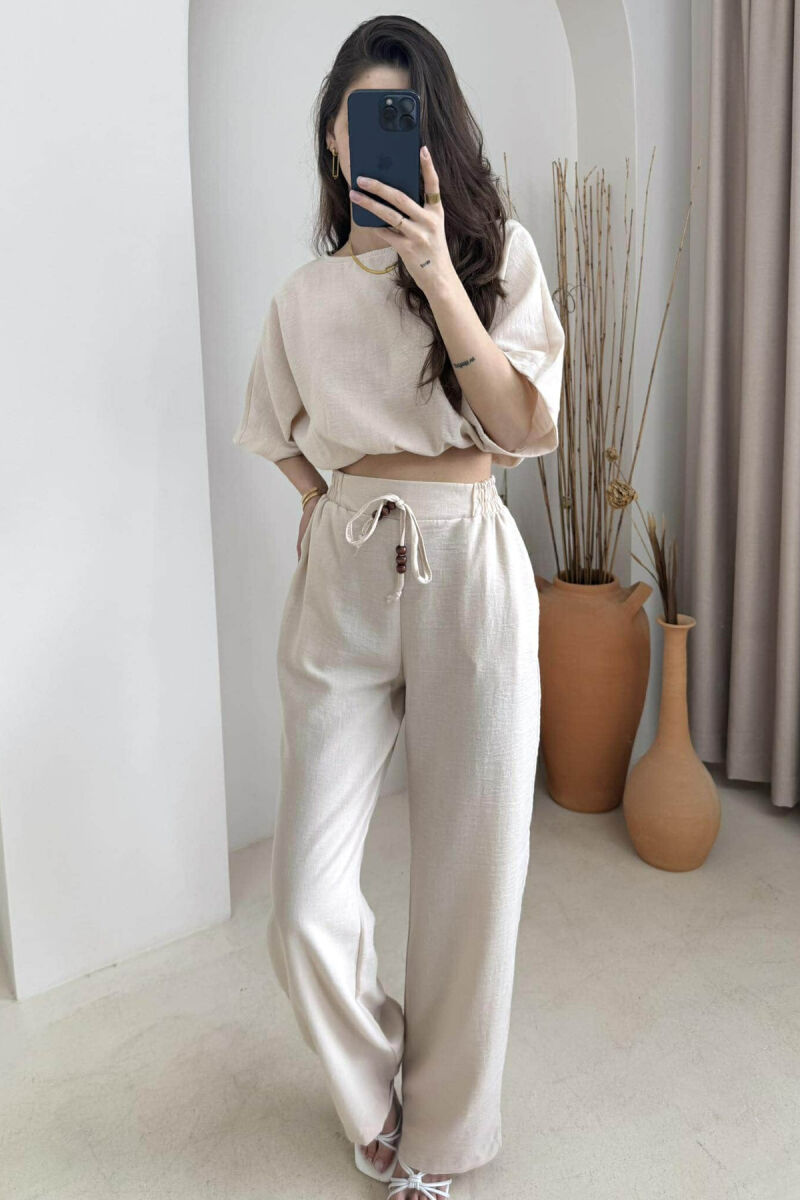 ONE COLOR CROPPED T-SHIRT+TROUSERS WOMEN SET BEIGE/BEZHE - 3