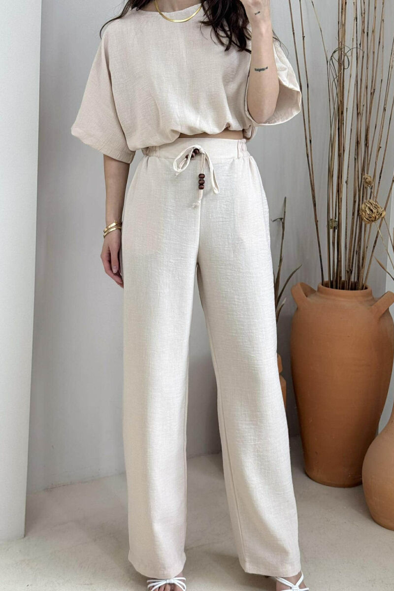 ONE COLOR CROPPED T-SHIRT+TROUSERS WOMEN SET BEIGE/BEZHE - 4
