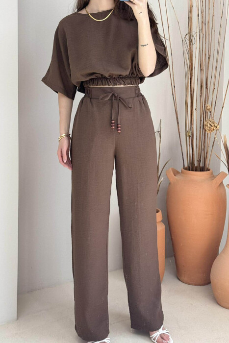 ONE COLOR CROPPED T-SHIRT+TROUSERS WOMEN SET BROWN/KAFE - 3