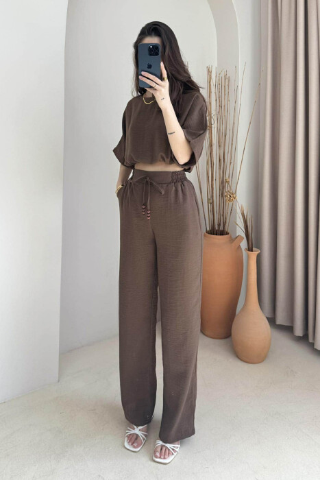 ONE COLOR CROPPED T-SHIRT+TROUSERS WOMEN SET BROWN/KAFE - 4