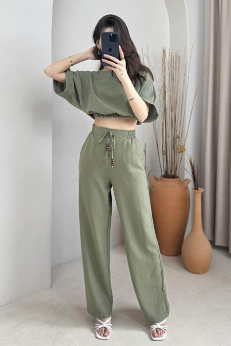 ONE COLOR CROPPED T-SHIRT+TROUSERS WOMEN SET GREEN/JESHILE - 1