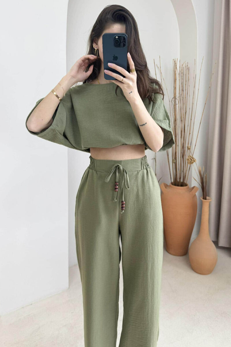 ONE COLOR CROPPED T-SHIRT+TROUSERS WOMEN SET GREEN/JESHILE - 2