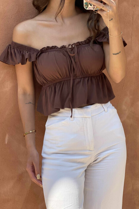 ONE COLOR CROPPED WOMEN TANK TOP BROWN/KAFE - 3