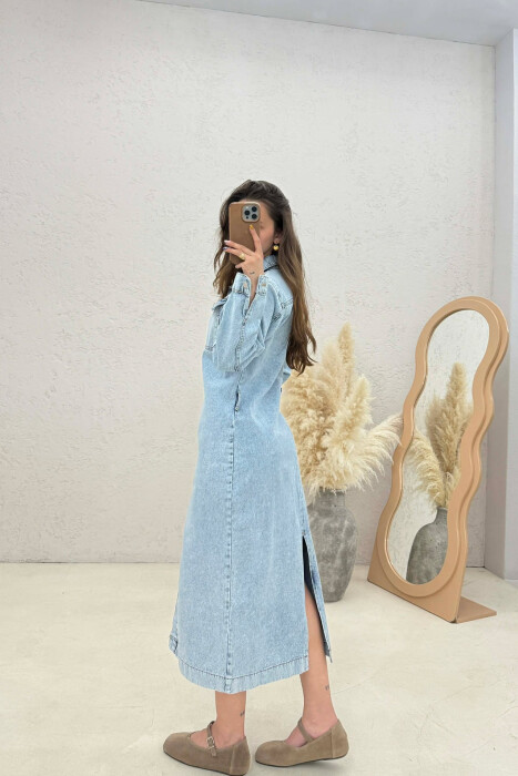 ONE COLOR DENIM BUTTONED LONG WOMEN DRESS LIGHTBLUE/BZ - 2