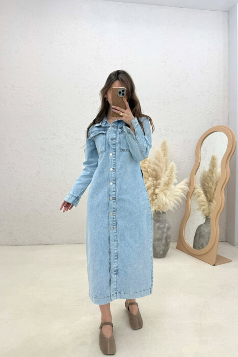 ONE COLOR DENIM BUTTONED LONG WOMEN DRESS LIGHTBLUE/BZ - 3