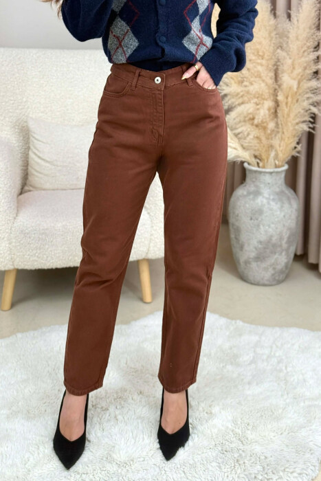 ONE COLOR DENIM SIMPLE WOMEN JEANS BROWN/KAFE - KLAUDIO FASHION