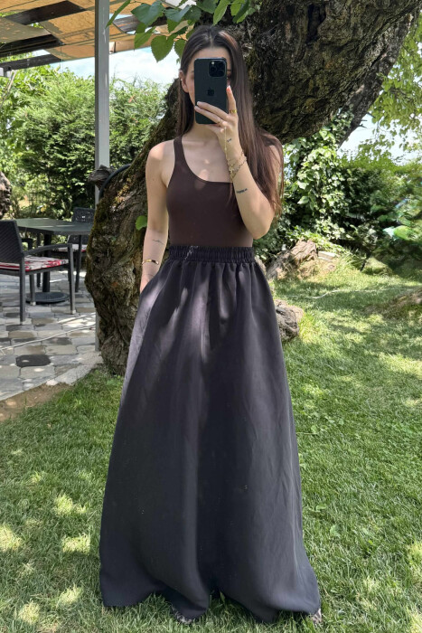 ONE COLOR EALSTIC SIMPLE LONG WOMEN SKIRT BLACK/ E ZEZE - 3