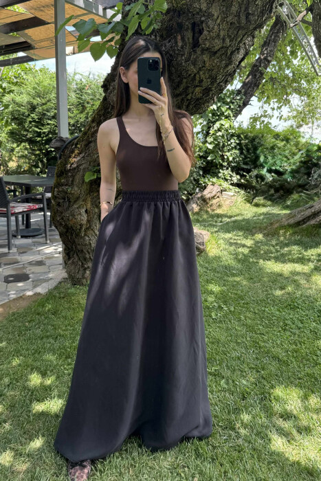 ONE COLOR EALSTIC SIMPLE LONG WOMEN SKIRT BLACK/ E ZEZE - 5