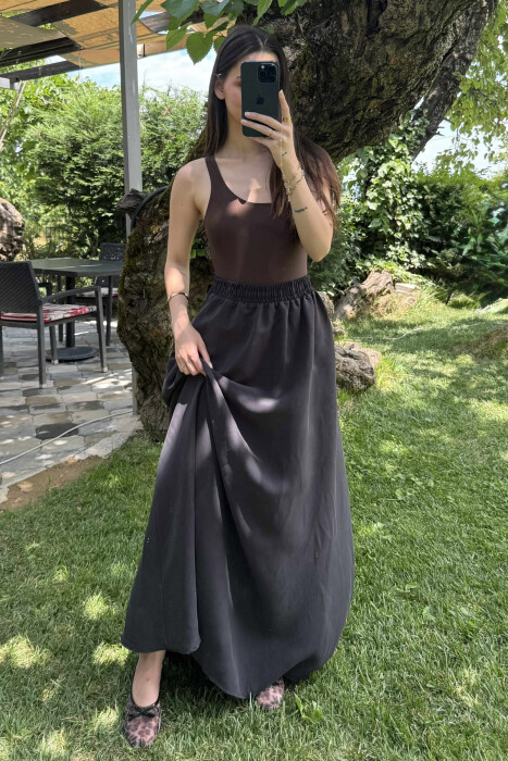 ONE COLOR EALSTIC SIMPLE LONG WOMEN SKIRT BLACK/ E ZEZE - 6